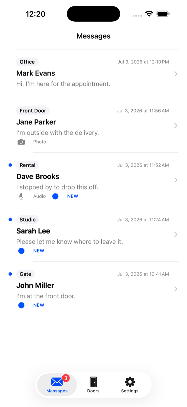 KNOC app showing the visitor-messages inbox
