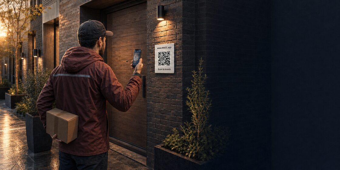 A courier at a front door scanning a printed KNOC QR card at dusk.